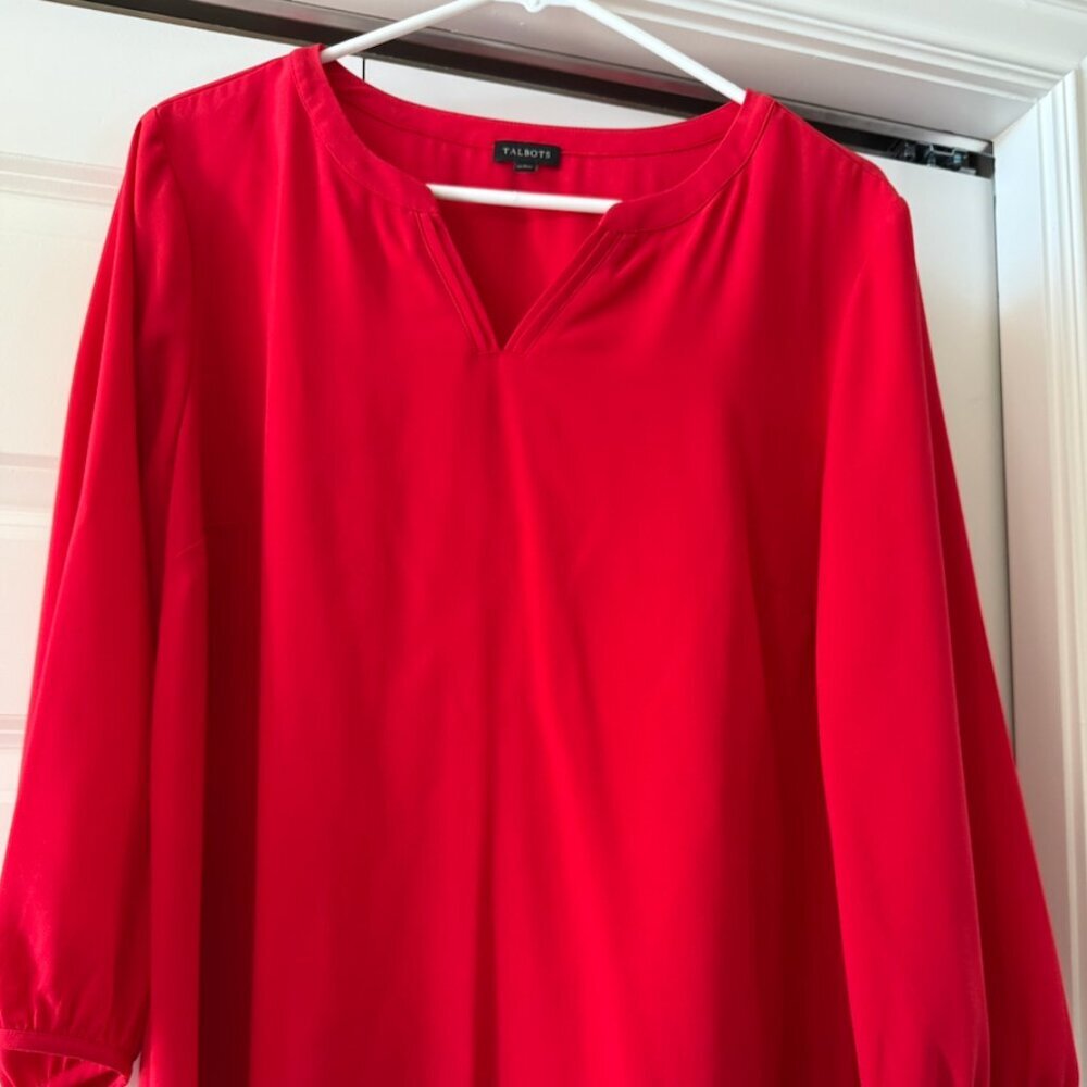 Talbots Red Blouse Large V Neck 3/4 Sleeve Work Top